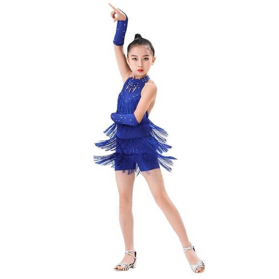 Toddler Girl Latin Dance Dresses Sequin Dress Tassel Salsa Dancewear Fringe Latin Practice Dresses Girls Flapper Dress + Sleeves 4-5