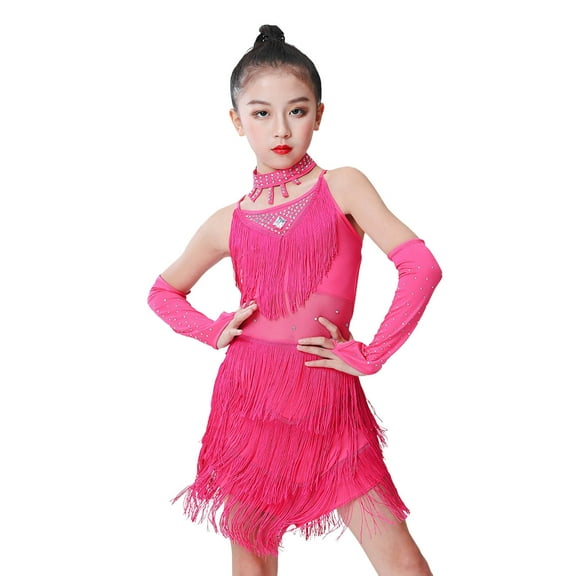 Toddler Girl Latin Dress Shiny Diamonds Halter Sleeveless Tassels Dancewear Samba Rumba Jazz Cha Cha 4 Piece Dance Costume Hot Pink 3-4 Years