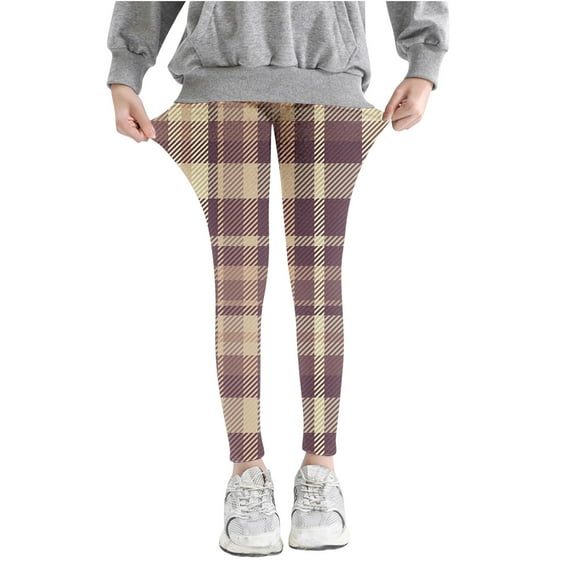 Toddler Girl Leggings Plaid Criss Cross Trendy Stretch Comfortable Cotton Pants Lightweight Skinny Kids Fall Outfits, Khaki, 7 Years
