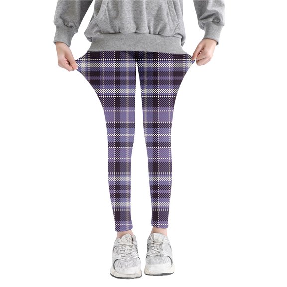 Toddler Girl Leggings Plaid Criss Cross Trendy Stretch Comfortable Cotton Pants Lightweight Skinny Kids Fall Outfits, Purple, 6 Years