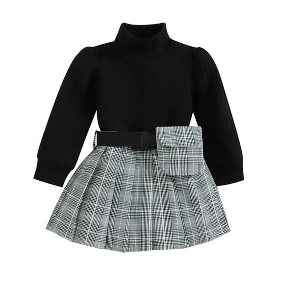 Toddler Girl Long Sleeve High Neck Solid Color Sweater + Striped Pleated Skirt Matching Waist Bag In Same Color