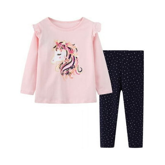 Toddler Girl Long Sleeve Pants Set Cotton Casual Pink Unicorn Leggings Playwear Outfits Clothing Set 2T