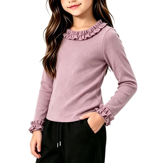 Toddler Girl Long Sleeve Shirt Ruffle Neck Cuff Soft Stretchy Crewneck Basic