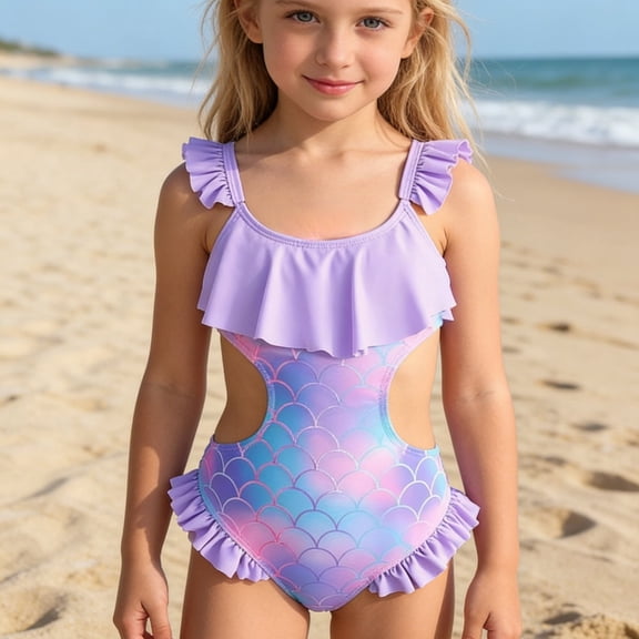 Toddler Girl Mermaid Scale One-Piece Swimsuit Ruffled Cutout Bathing Suit for Beach Pool Swim Lessons