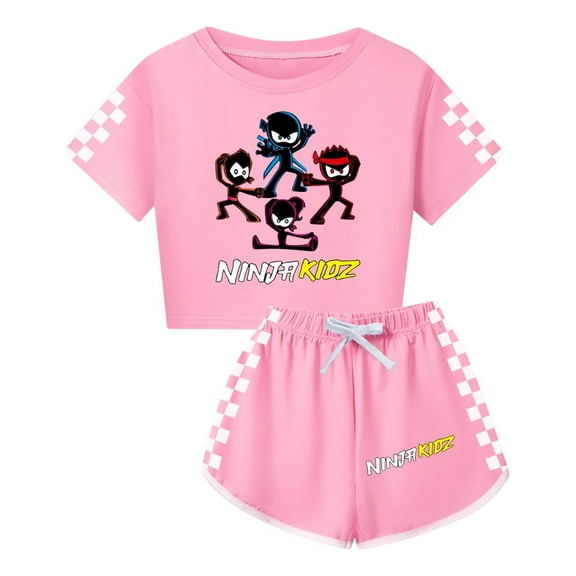 Toddler Girl Ninja Kidz 2-Piece Set – Kids Cartoon Crop Shirt and Shorts – Summer Playwear
