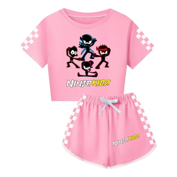 Toddler Girl Ninja Kidz 2-Piece Set – Kids Cartoon Crop Shirt and Shorts – Summer Playwear