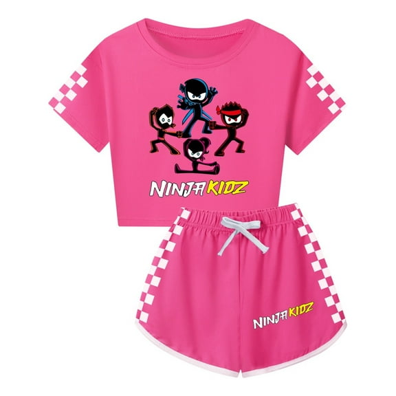 Toddler Girl Ninja Kidz 2-Piece Set – Kids Cartoon Crop Shirt and Shorts – Summer Playwear