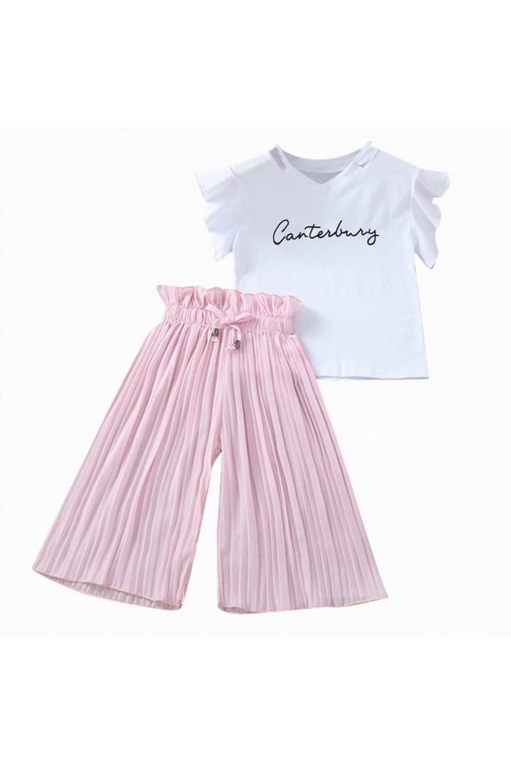 Toddler Girl Outfit Cute Ruffle Sleeve Tops Matching Pleated Wide Leg Pants Sets Kids Girls Party Clothing Sets