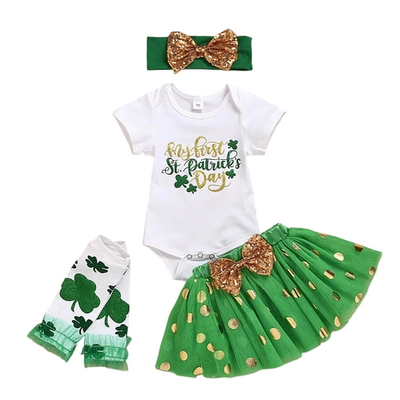Toddler Girl Outfit St. Patrick'S Day Kids Short Sleeve Crew Neck Bodysuit Tutu Skirt Headband And Leg Warmers 4 Piece Set White 12 Months-18 Months