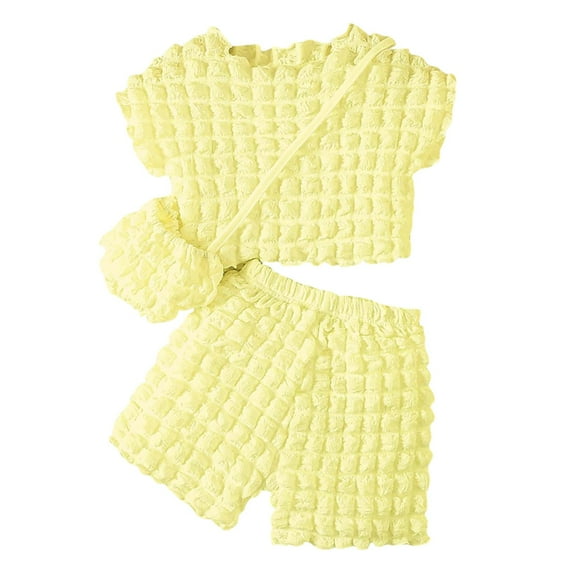 Toddler Girl Outfit Toddler Baby Girls Summer Solid Round Neck Sleeve Top Shorts Bag 3 Piece Set Casual Playwear Baby Girl Outfit Yellow 3 Years-4 Years
