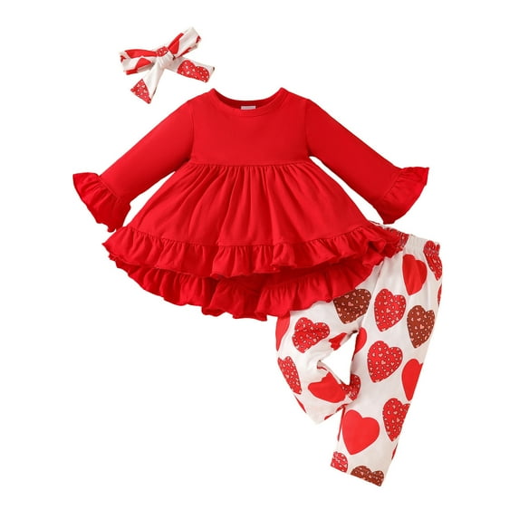 Toddler Girl Outfit Valentine's Day Heart Print Long Sleeve Ruffle Top and Pants Set with Headbands for Kids Cute Soft Wear Red 9 Months-12 Months