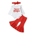 thumbnail image 1 of Toddler Girl Outfit Valentine's Day Letter Print Long Sleeve Romper Bodysuit and Bell Bottom Pants Set for Baby Kids White 9 Months-12 Months, 1 of 7