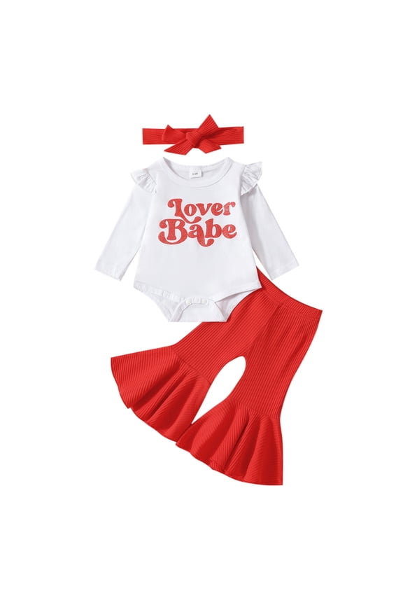 Toddler Girl Outfit Valentine's Day Letter Print Long Sleeve Romper Bodysuit and Bell Bottom Pants Set for Baby Kids White 9 Months-12 Months