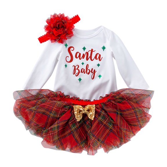 Toddler Girl Outfits 0-3 Months 1St Christmas Letter Print Romper Plaid Tutu Dress 3Pcs Red Clothing Sets