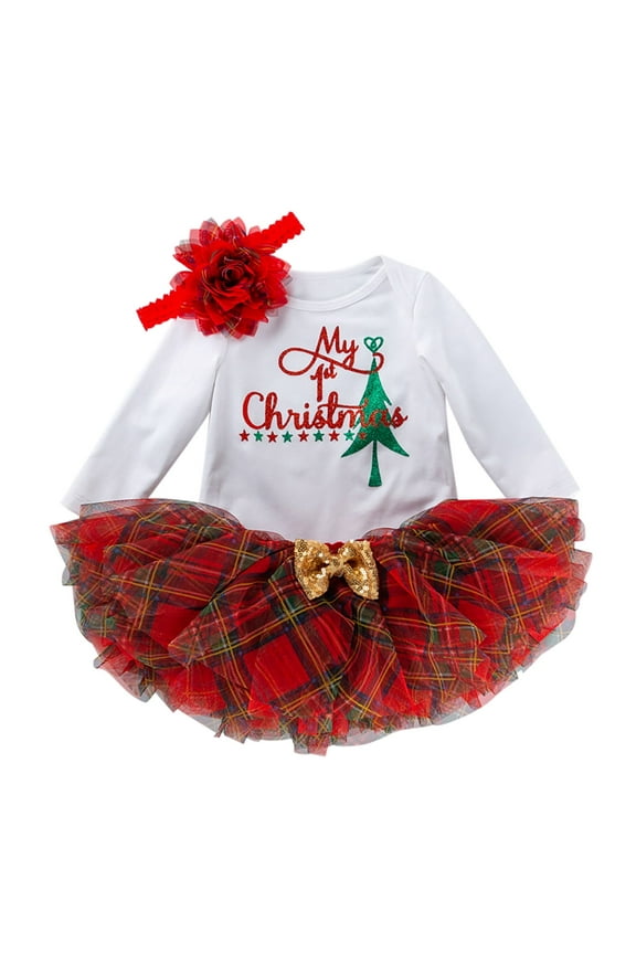 Toddler Girl Outfits 0-3 Months 1St Christmas Letter Print Romper Plaid Tutu Dress 3Pcs White Clothing Sets