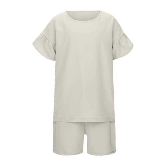 Toddler Girl Outfits 2 Piece Solid Print Crew Neck Short Sleeve Ruffle T-Shirt Top And Shorts Casual Wear Baby Girls' Clothing Sets 4 Years-5 Years