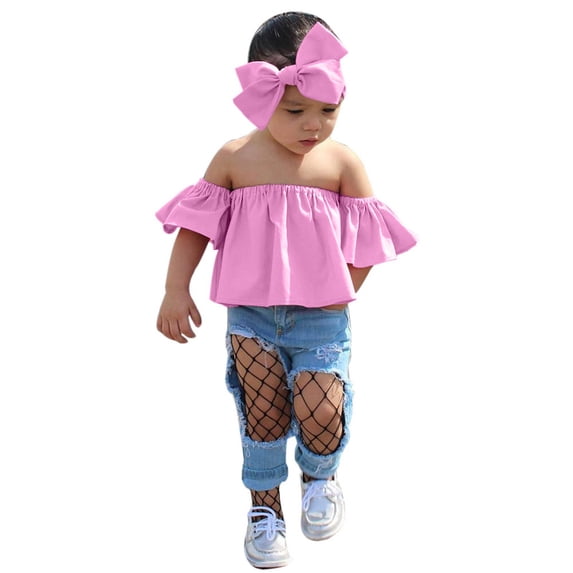 Toddler Girl Outfits 6-7 Years Denim Ripped Jeans 3Pcs Drop Shoulder Crop Headband Spring Clothes