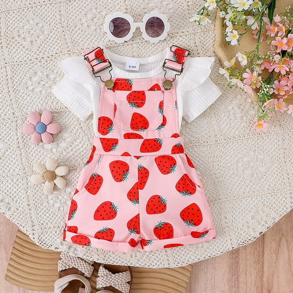 Toddler Girl Outfits Baby Toddler Girls Summer Short Sleeve Solid Top Strawberry Print Overalls with Adjustable Straps 2 Piece Set Baby Outfits White 0 Months-3 Months