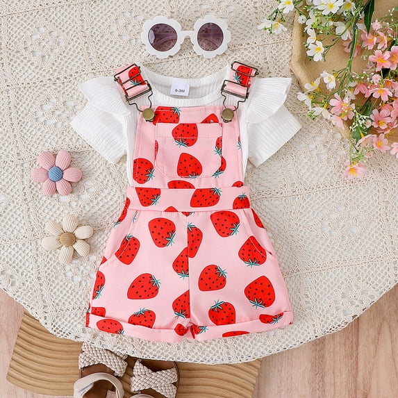 Toddler Girl Outfits Baby Toddler Girls Summer Short Sleeve Solid Top Strawberry Print Overalls with Adjustable Straps 2 Piece Set Baby Outfits White 0 Months-3 Months