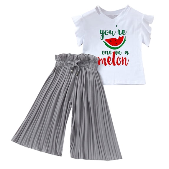 Toddler Girl Outfits Cartoon Print Short Sleeve Crew Neck Ruffle T-Shirt Top And Wide Leg Trousers 2 Piece Casual Wear Baby Girls' Clothing Sets 3 Years-4 Years