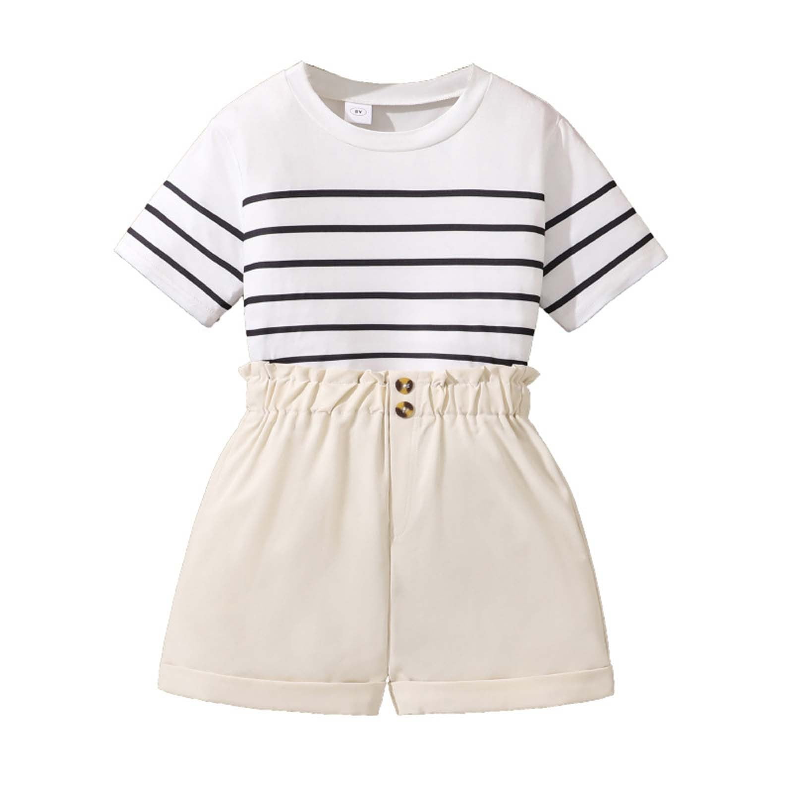 Toddler Girl Outfits Casual Striped Short Sleeve Tops Solid Bloomer Shorts Set Toddler Girl Clothes White 9-10 Years