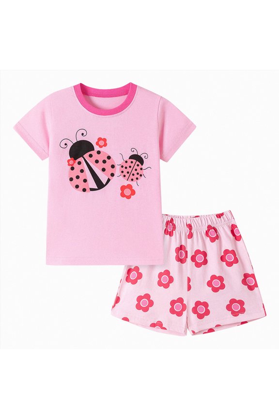 Toddler Girl Outfits Crew Neck Cotton Cartoon Print T-Shirt and Shorts Set Baby Kids Summer Clothing
