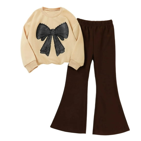 Toddler Girl Outfits Girls Bow Outfits Hoodie Long Sleeve Pants 2 Piece Set Casual Playwear Cute Girl Clothes Beige 18 Months-24 Months