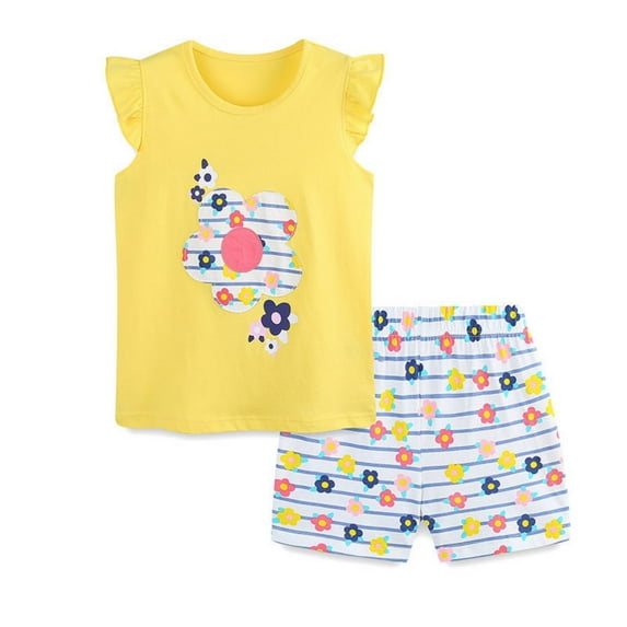 Toddler Girl Outfits Girls Clothes Summer Cartoon Print Fly Sleeve T Shirt Tops And Plaid Shorts Sets Two Piece for Kids Size 12-18 Months