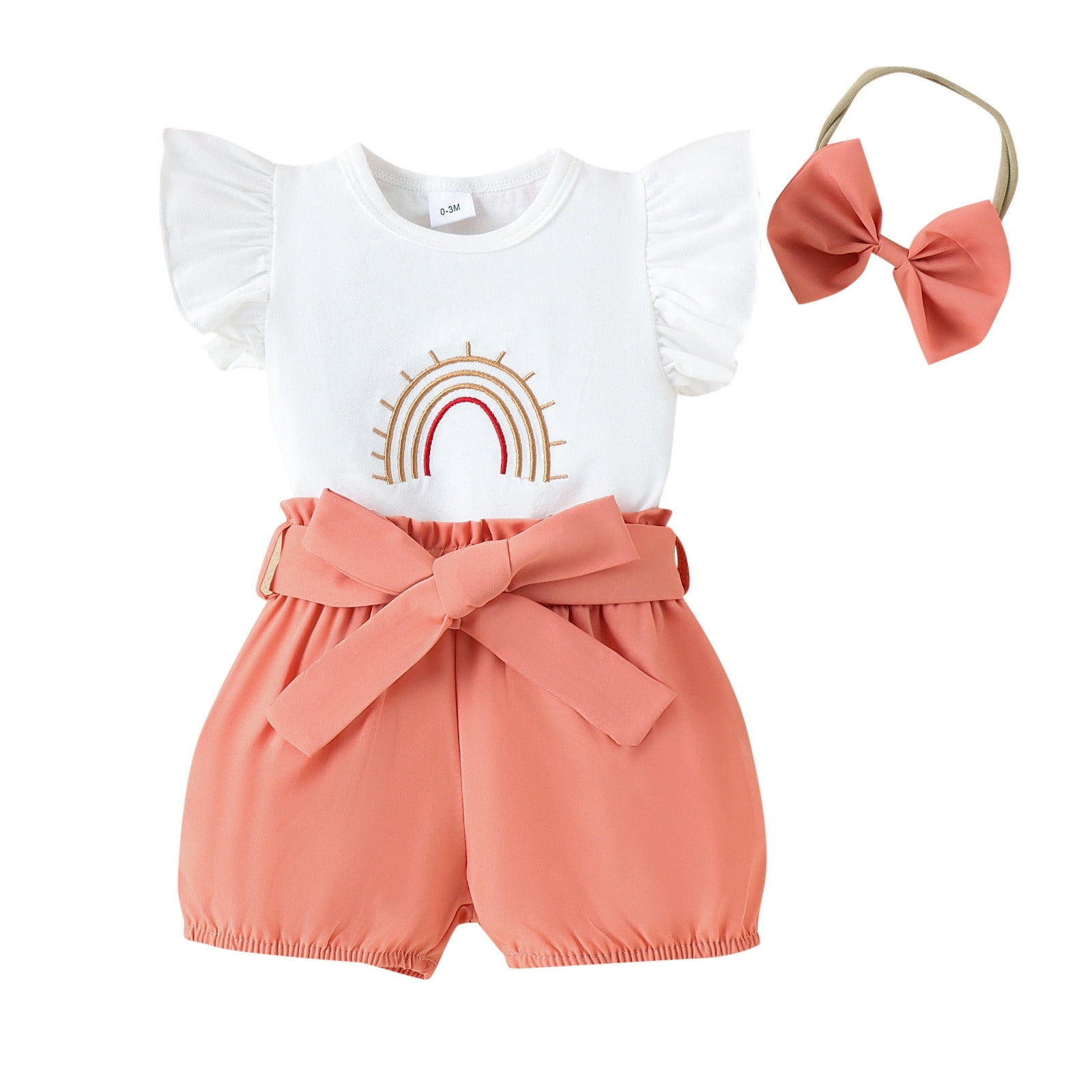 Toddler Girl Outfits Girls' Summer Rainbow Print Short Sleeve Tops Shorts Headband Baby Clothes for Girls Orange 0 Months-3 Months