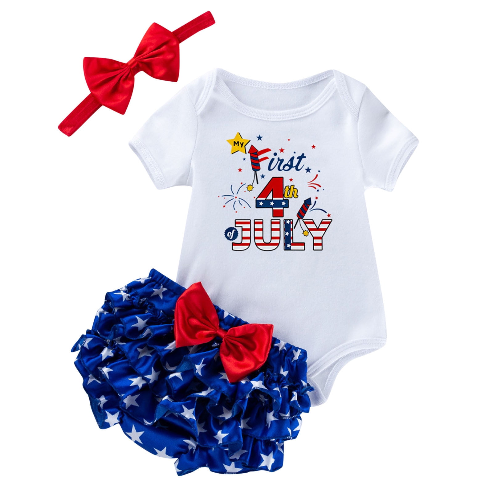 Toddler Girl Outfits Independence Day Short Sleeve Letter Prints Bodysuit Shorts Headband Three Pieces Set Baby Girls' Clothing Red 0 Months-3 Months
