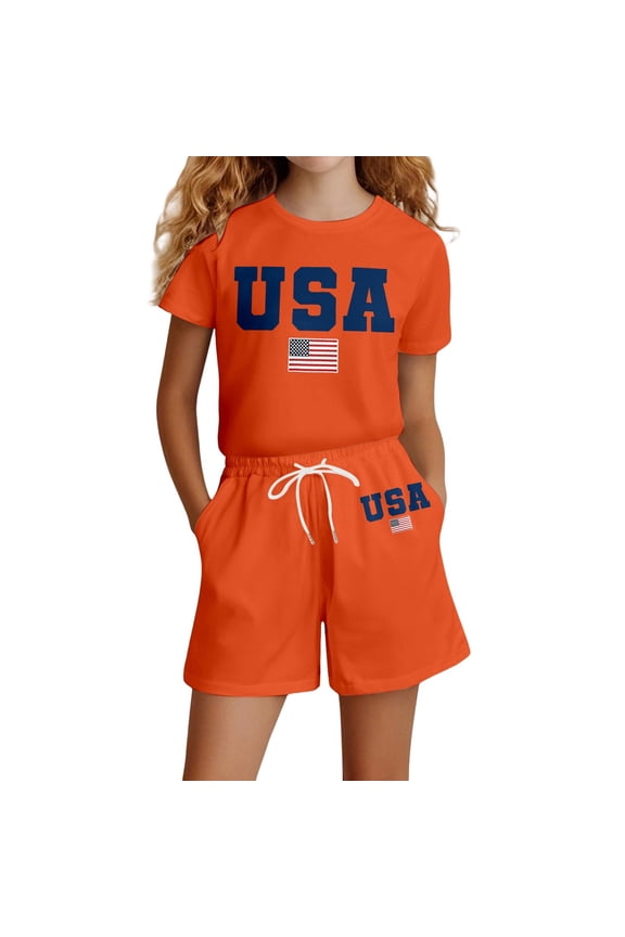 Toddler Girl Outfits Kids Stars and Stripes Print USA 250th Anniversary Crew Neck Short Sleeve Top and Above Knee Shorts Two Piece Set Orange 2 Years-3 Years