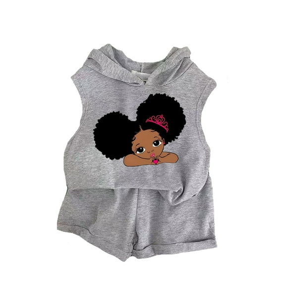 Toddler Girl Outfits Kids Toddler Girls Summer Cartoon Print Sleeveless Hooded Top and Shorts Two Piece Set Breathable Lightweight Toddler Girl Outfit Grey 5 Years-6 Years