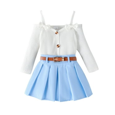 Toddler Girl Outfits Long Sleeve Ribbed Tops Button Flannel Plaid Skirts 2Pcs Outfits Clothes Blue 3 Years-4 Years