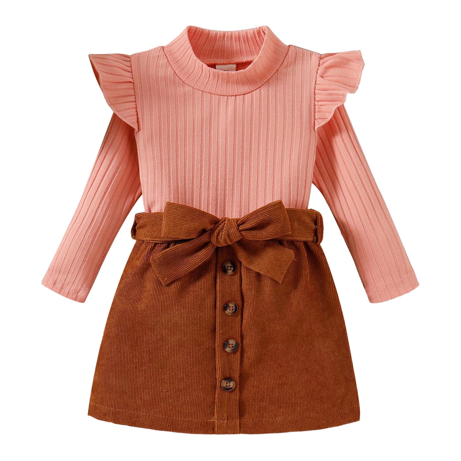 Toddler Girl Outfits Ruffles Long Sleeve Ribbed Knitted Turtleneck T Shirt Tops Solid Bow Tie Skirt Baby Clothes For Girls Red 1 Years-2 Years