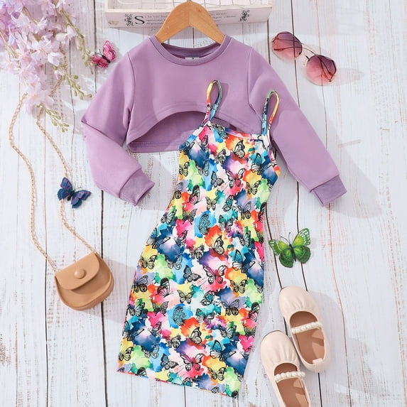 Toddler Girl Outfits Size 3-4 Kid Autumn Winter Solid Color Pullover Hoodie Top and Suspender Skirt 2Pc Children Clothes Girls Clothing Set Purple