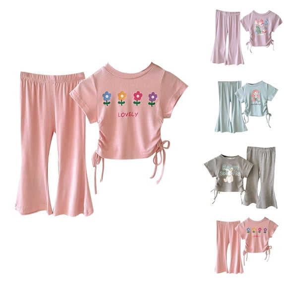 Toddler Girl Outfits Size 3-4Y Short Sleeve Crew Neck Top with Side Ties and Wide Leg Pants 2 Piece Girls Clothes