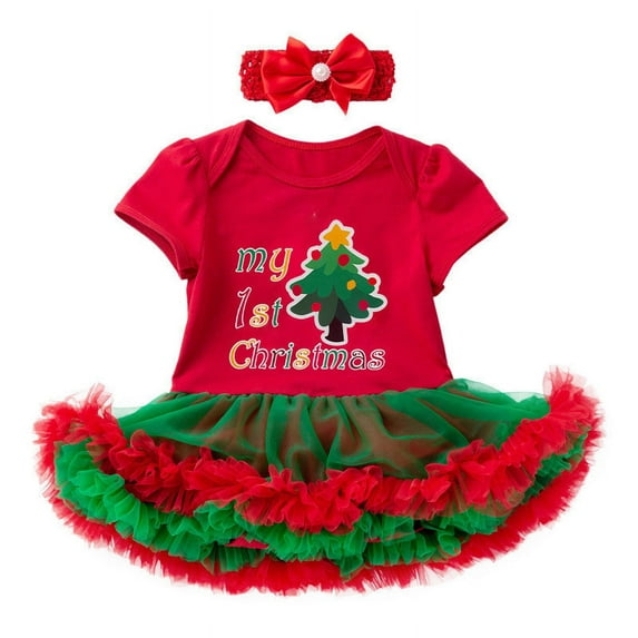 Toddler Girl Outfits Size 6-12Month Infant Toddler Christmas Printed Short Sleeve Romper Skirt with Headband 2Pc Children Suit Girls Clothing Set AG