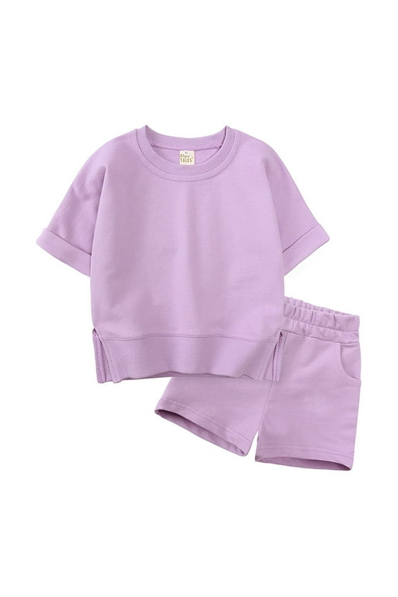 Toddler Girl Outfits Solid Pullover Short Sleeve Sweat Shirt T Shirt Crewneck Tops Shorts Set Baby Girls' Clothing Sets Purple 2 Years-3 Years