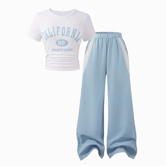 Toddler Girl Outfits Summer Clothes Set California Print Short Sleeve Top and Color Block Wide Leg Pants Set Kids School Fashion Suit 10-11 Years