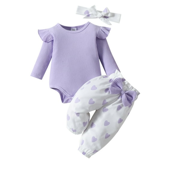 Toddler Girl Outfits Valentine's Day Heart Print Long Sleeve Ribbed Romper Bodysuit and Bell Bottom Pants Set for Kids Purple 9 Months-12 Months