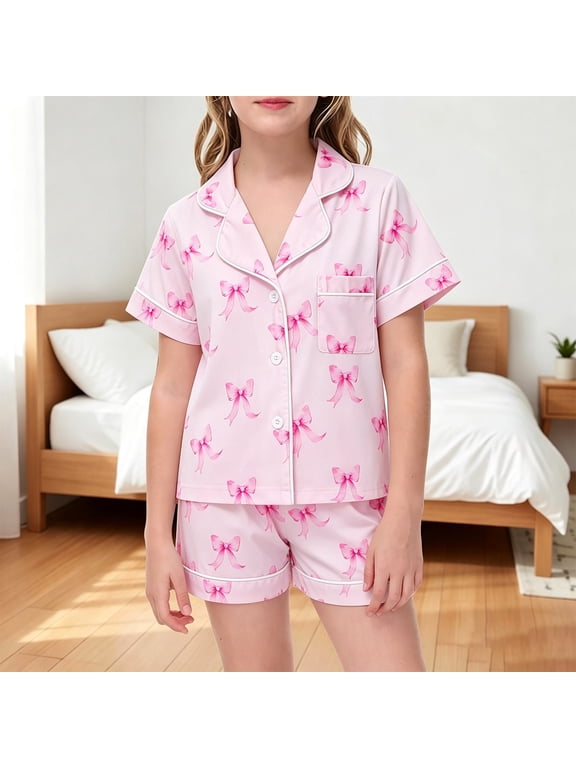 Toddler Girl Pajamas 2Pc Cartoon Bow Pattern Button-Down Notched Collar Short Sleeve Top & Soft Wide Leg Shorts for Summer Holidays Simple Pjs,Pink,8-9 Years