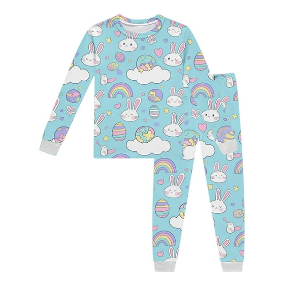 Toddler Girl Pajamas 3t Easter Cartoon Printed Long Sleeve Crew Neck Top and Pants 2 Piece Pj Set Easter Day Gift Sleepwear,White,8-9 Years