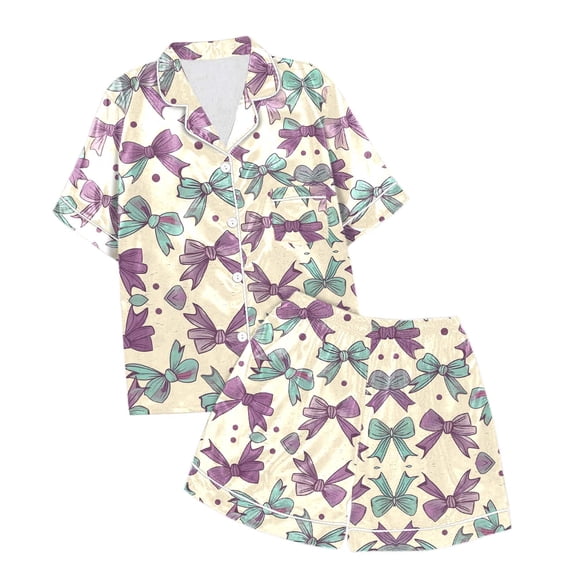 Toddler Girl Pajamas Set Satin Button-Down Short Sleeve Pjs Silk Tops and Shorts Bow Printed Sleepwear Set Children Funny 2 Piece Pjs for Girls Kids,3-4 Years