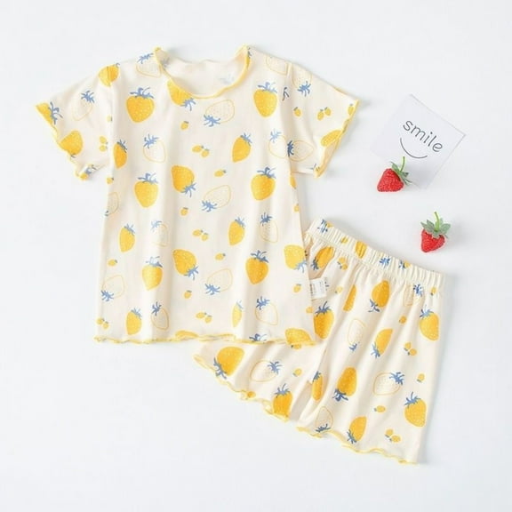 Toddler Girl Pajamas Toddler Kids Girl Summer Wooden Ear Edge Strawberry Print Short Sleeve Top Shorts 2 Piece Pajama Set Kids Pajamas Light Yellow 3 Years-4 Years