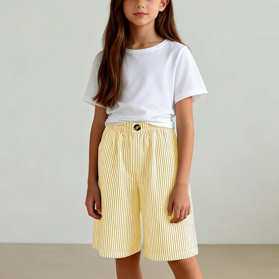 Toddler Girl Pants Size 13-14Y Kids Striped Elastic Waist Shorts Five Length Solid
