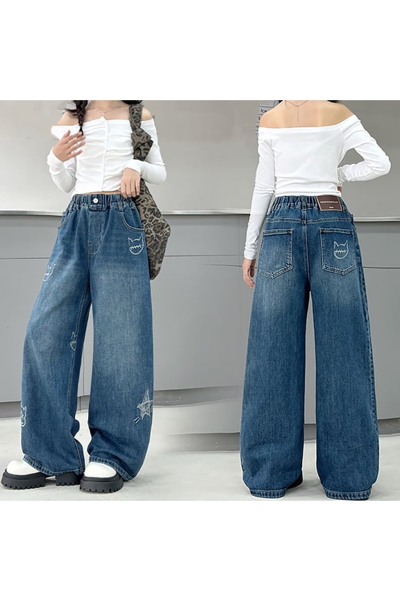 Toddler Girl Pants Size 4-5Y Kids Embroidered Straight Wide Leg Jeans Loose Fit Casual