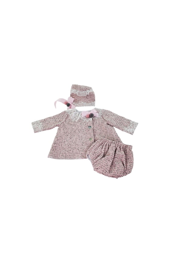 Toddler, Girl Pink Long Sleeve A Line Tweed Wool Dress, Bloomers & Bonnet Set