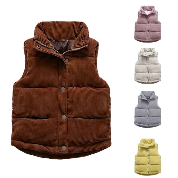 Toddler Girl Puffer Vest Corduroy Vest Fleece Lined Button Up Stand Collar Warm Vest