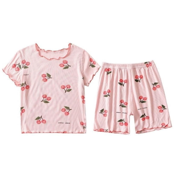 MEZZALL Toddler Girl Ruffle Short Sleeve Strawberry Print T-Shirt Tops Shorts Home Clothes Loose Loungewear Kids Leisure Pajamas 4-5 Years