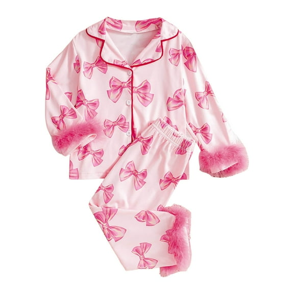 Girls' Sleepwear Pjs Set Toddler Baby Girl Satin Valentines Pajamas Set Feather Trim Heart Print Little Girl Valentines Pjs Spring Clothes